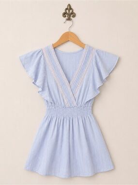 Shabby Chic blue ruffle cap sleeve elastic waist V neck dress XS